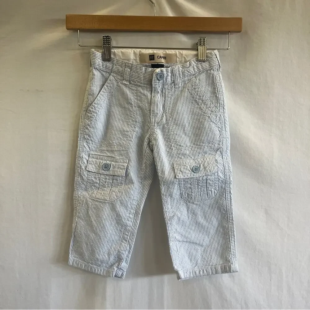 Gap Capri Pants Blue White Seersucker Cargo Toddler Girl Size 4 Adjustable Strap